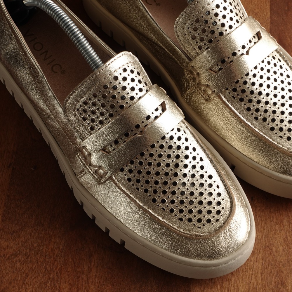 Vionic Loafers WMS SZ 8 Gold Metallic Uptown Perf Leather Comfort Walking Shoes - Picture 4 of 12